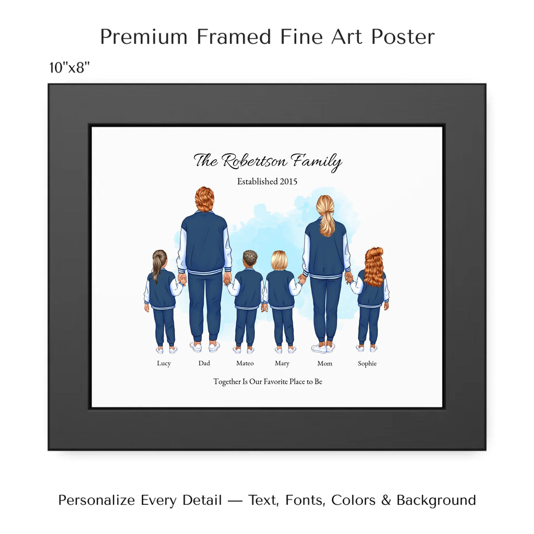 Illustrated standing family portrait with 1 to 4 children, customized skin tones, outfits, and names, on a watercolor background -10x8 framed poster-ARTFULANE