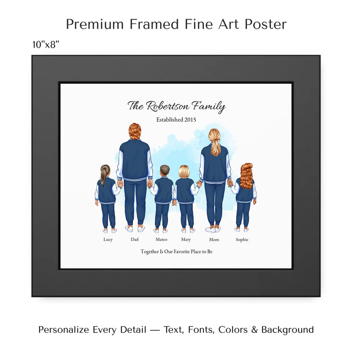 Illustrated standing family portrait with 1 to 4 children, customized skin tones, outfits, and names, on a watercolor background -10x8 framed poster-ARTFULANE