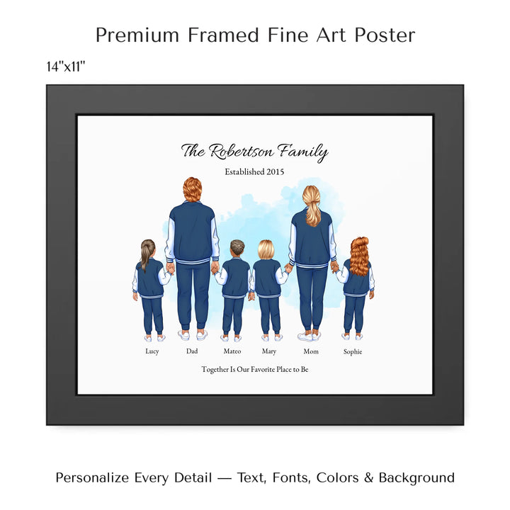 Illustrated standing family portrait with 1 to 4 children, customized skin tones, outfits, and names, on a watercolor background -14x11 framed poster-ARTFULANE