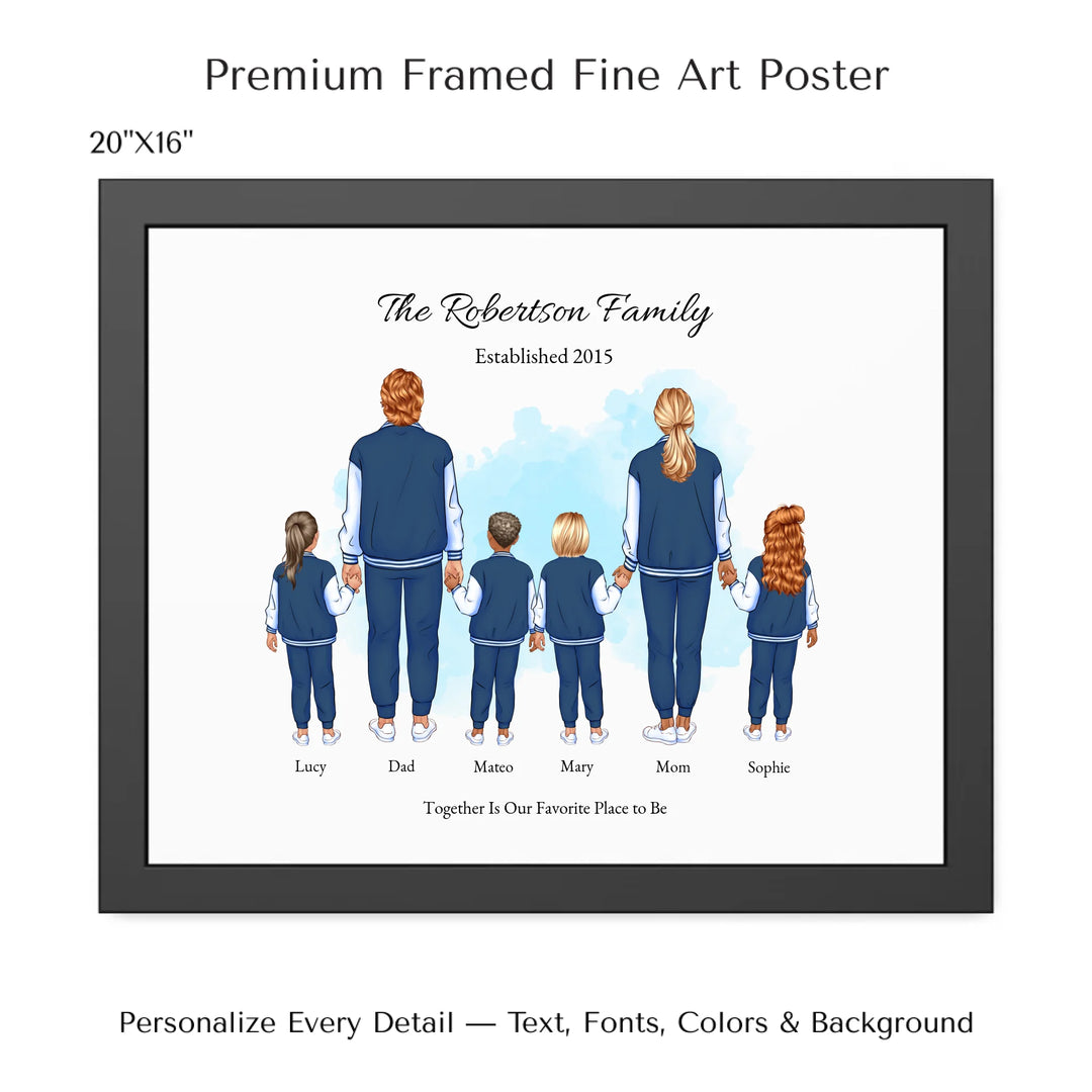Illustrated standing family portrait with 1 to 4 children, customized skin tones, outfits, and names, on a watercolor background -20x16 framed poster-ARTFULANE