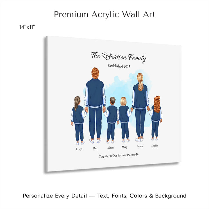 Illustrated standing family portrait with 1 to 4 children, customized skin tones, outfits, and names, on a watercolor background -–14x11 acrylic print with french cleat-ARTFULANE