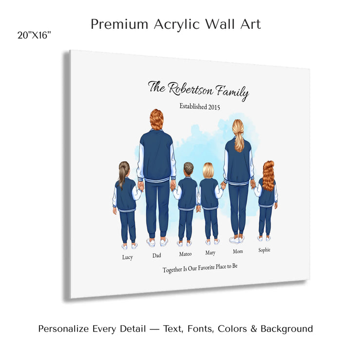 Illustrated standing family portrait with 1 to 4 children, customized skin tones, outfits, and names, on a watercolor background -20x16 acrylic print with french cleat-ARTFULANE