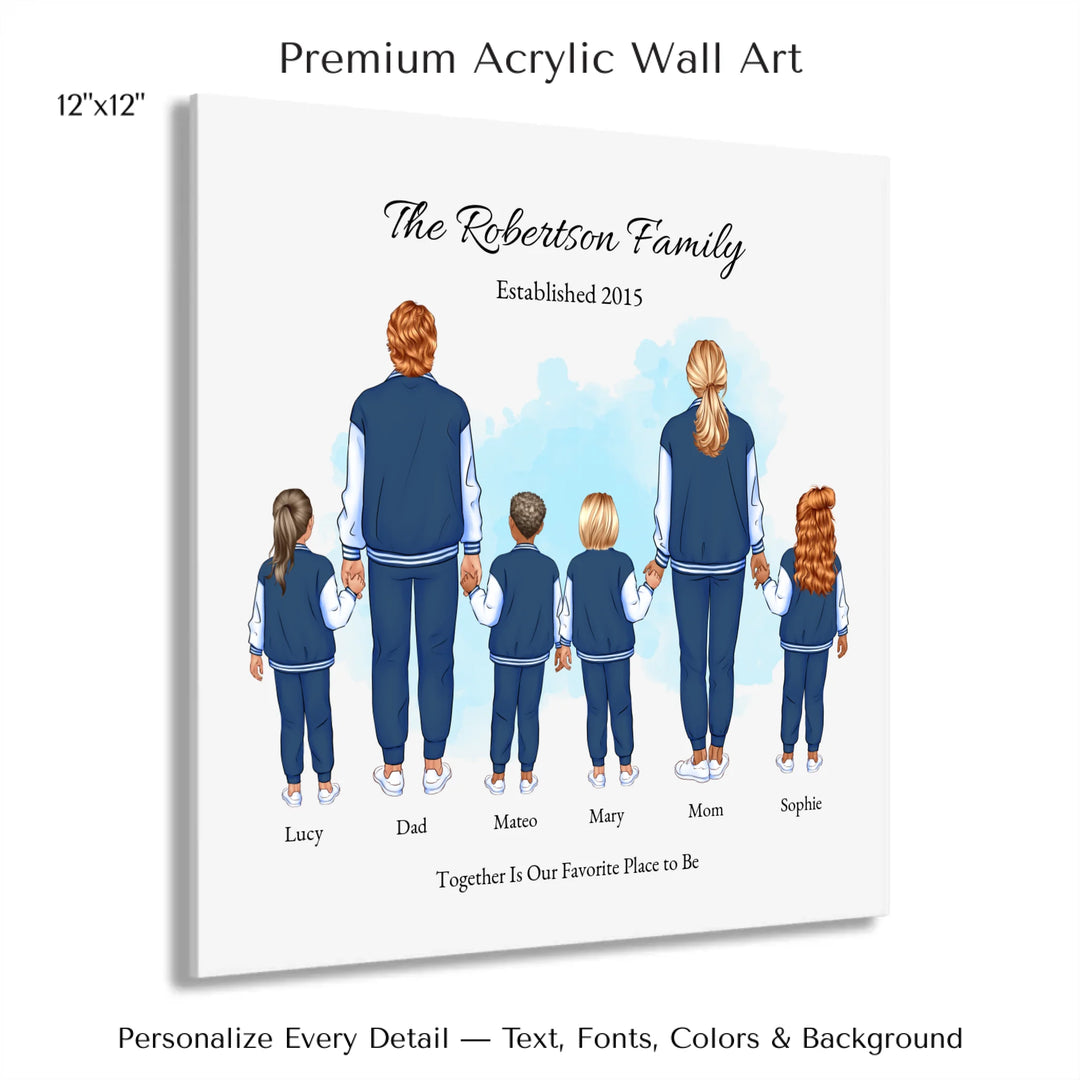 Illustrated standing family portrait with 1 to 4 children, customized skin tones, outfits, and names, on a watercolor background -12x12 acrylic print with french cleat-ARTFULANE