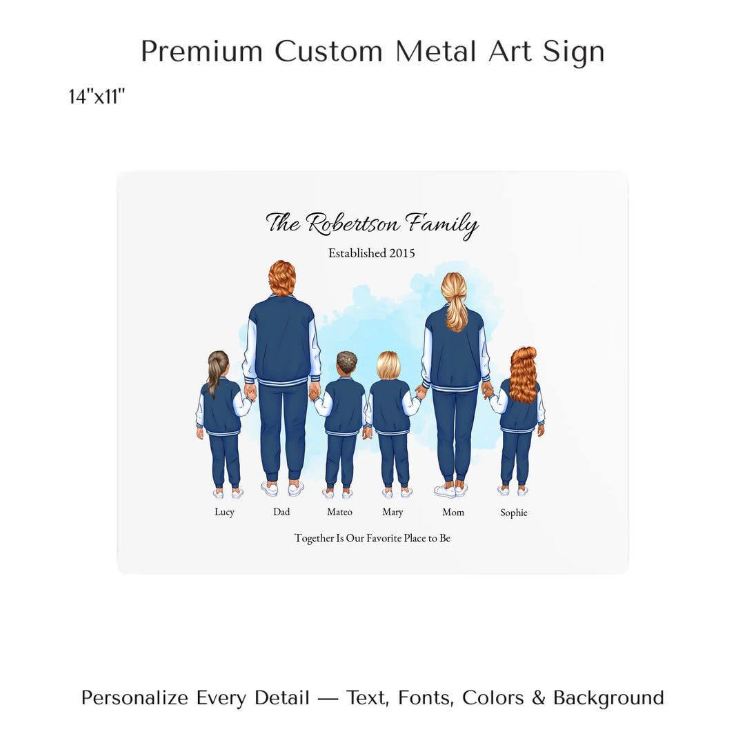 Illustrated standing family portrait with 1 to 4 children, customized skin tones, outfits, and names, on a watercolor background - 14x11 metal art sign-ARTFULANE