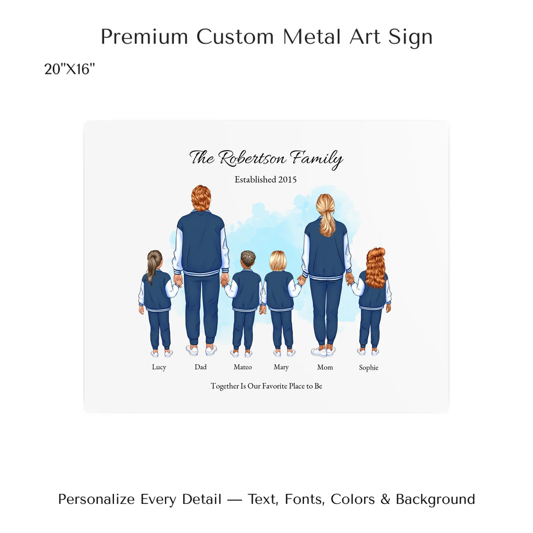 Illustrated standing family portrait with 1 to 4 children, customized skin tones, outfits, and names, on a watercolor background -20x16 metal art sign-ARTFULANE