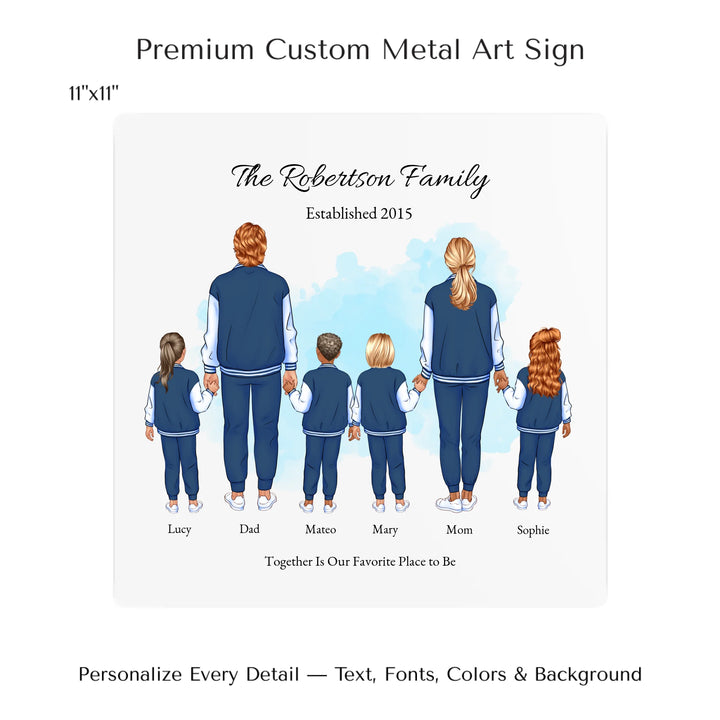 Illustrated standing family portrait with 1 to 4 children, customized skin tones, outfits, and names, on a watercolor background -11x11 metal art sign-ARTFULANE