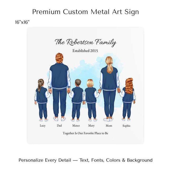 Illustrated standing family portrait with 1 to 4 children, customized skin tones, outfits, and names, on a watercolor background -16x16 metal art sign-ARTFULANE