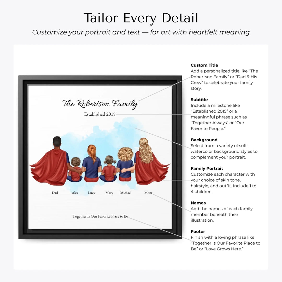 Illustrated superhero family portrait with 1 to 4 children, personalized outfits, skin tones, and watercolor background – custom wall art gift -Customization Options-ARTFULANE