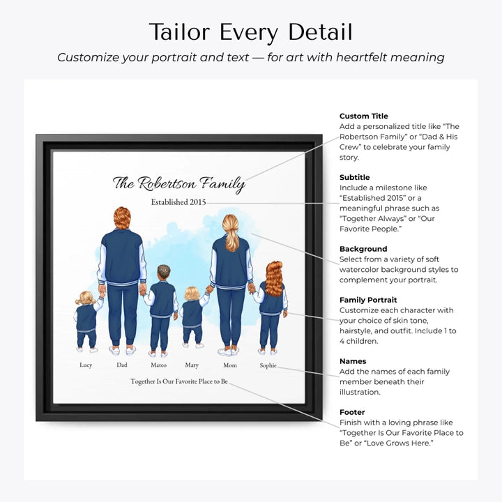 Illustrated custom standing family portrait featuring mom, dad, and 1 to 4 children with personalized outfits, names, and watercolor background -Customization Options-ARTFULANE