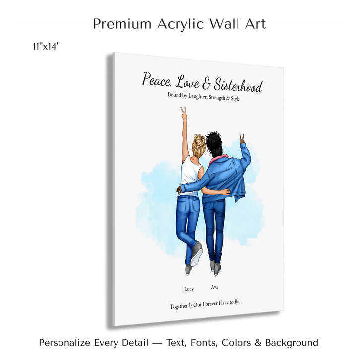 Personalized wall art of 2 best friends from behind, wearing denim and making peace signs – custom portrait illustration -11x14 acrylic print with french cleat-ARTFULANE