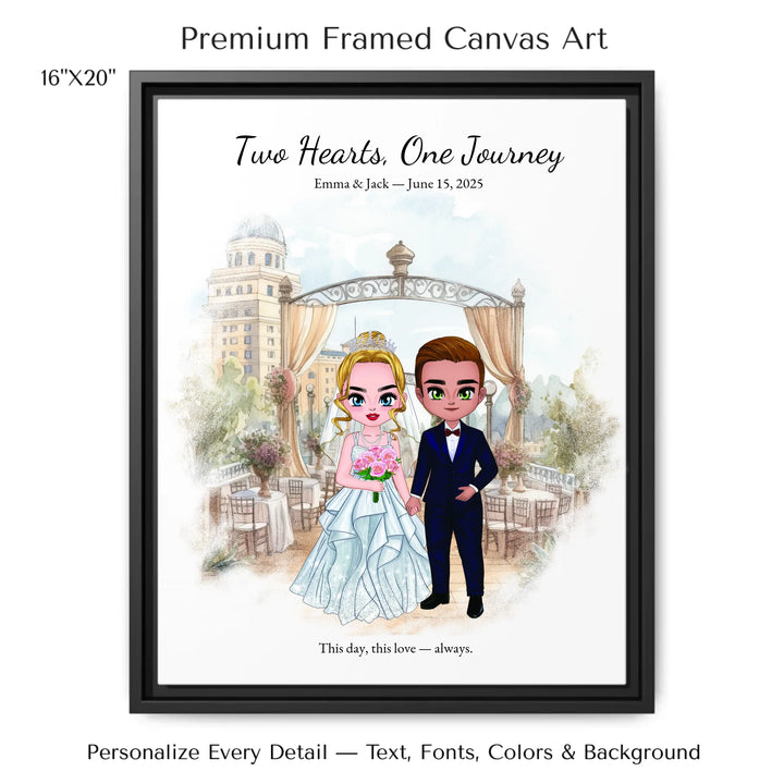 Illustrated custom wedding portrait featuring a bride and groom with personalized outfits, skin tone, and background. Custom names and wedding date - 16x20 framed canvas-ARTFULANE