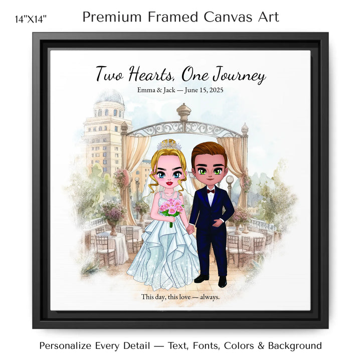 Illustrated custom wedding portrait featuring a bride and groom with personalized outfits, skin tone, and background. Custom names and wedding date - 14x14 framed canvas-ARTFULANE