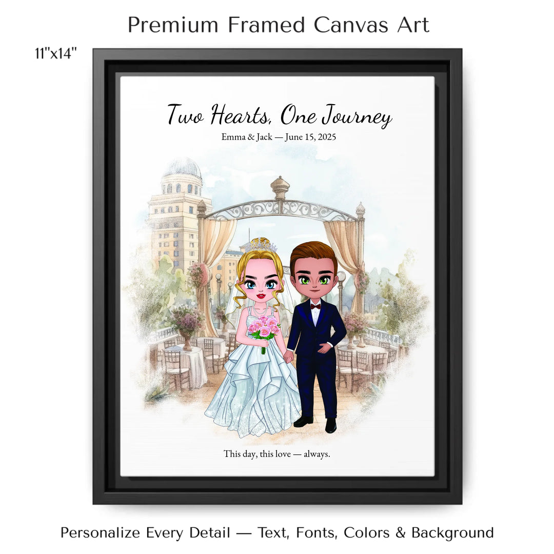Illustrated custom wedding portrait featuring a bride and groom with personalized outfits, skin tone, and background. Custom names and wedding date - 11x14 framed canvas-ARTFULANE