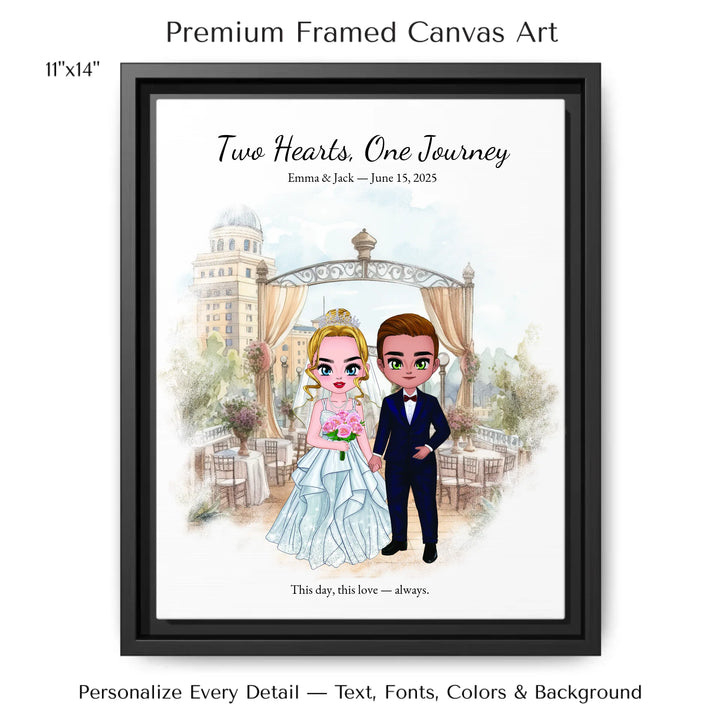 Illustrated custom wedding portrait featuring a bride and groom with personalized outfits, skin tone, and background. Custom names and wedding date - 11x14 framed canvas-ARTFULANE