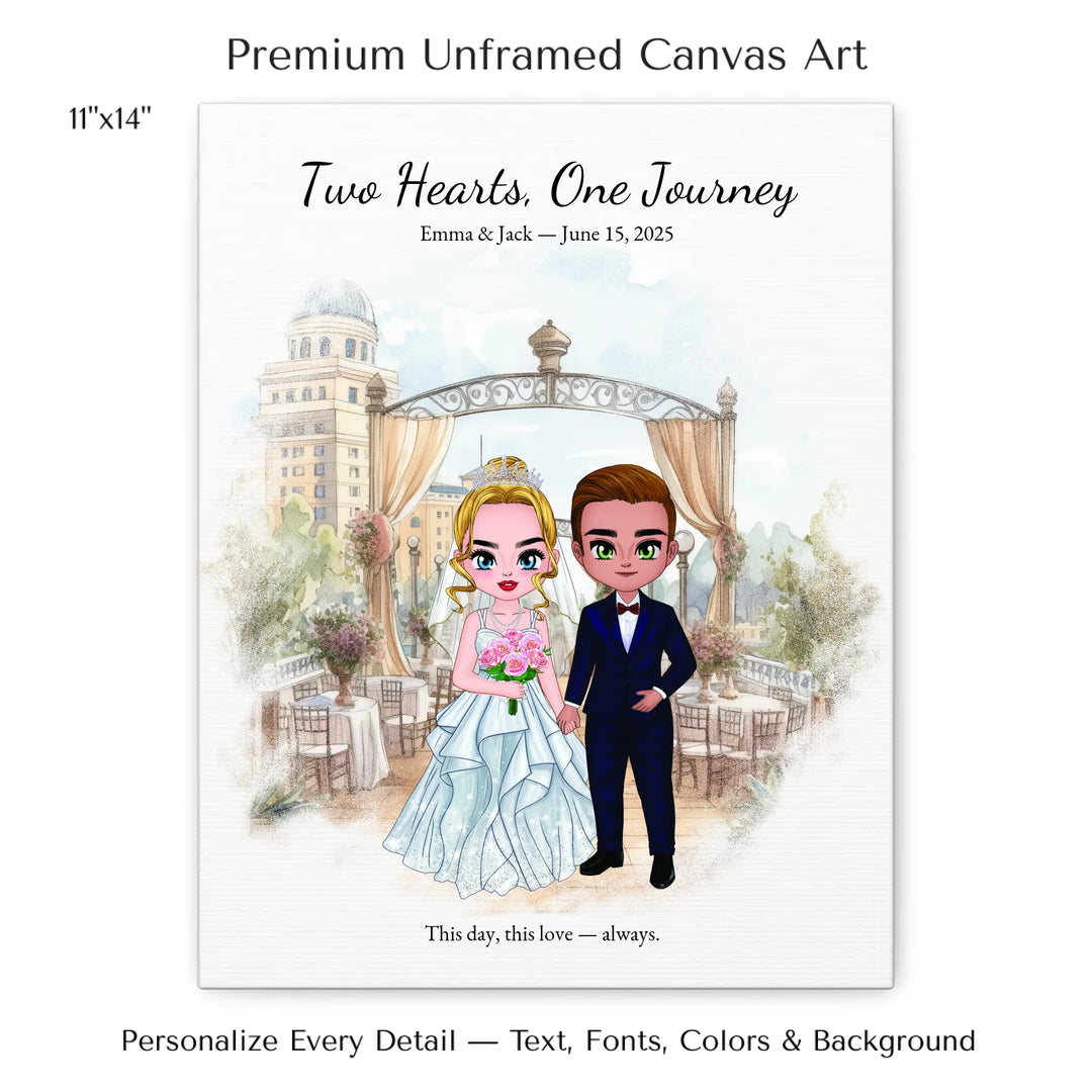 Illustrated custom wedding portrait featuring a bride and groom with personalized outfits, skin tone, and background. Custom names and wedding date -  11x14 stretched canvas-ARTFULANE