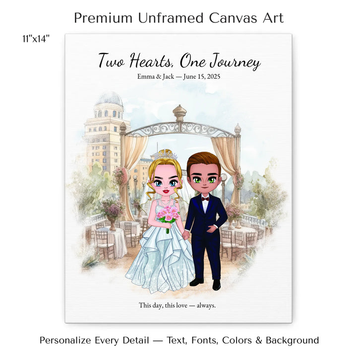 Illustrated custom wedding portrait featuring a bride and groom with personalized outfits, skin tone, and background. Custom names and wedding date -  11x14 stretched canvas-ARTFULANE