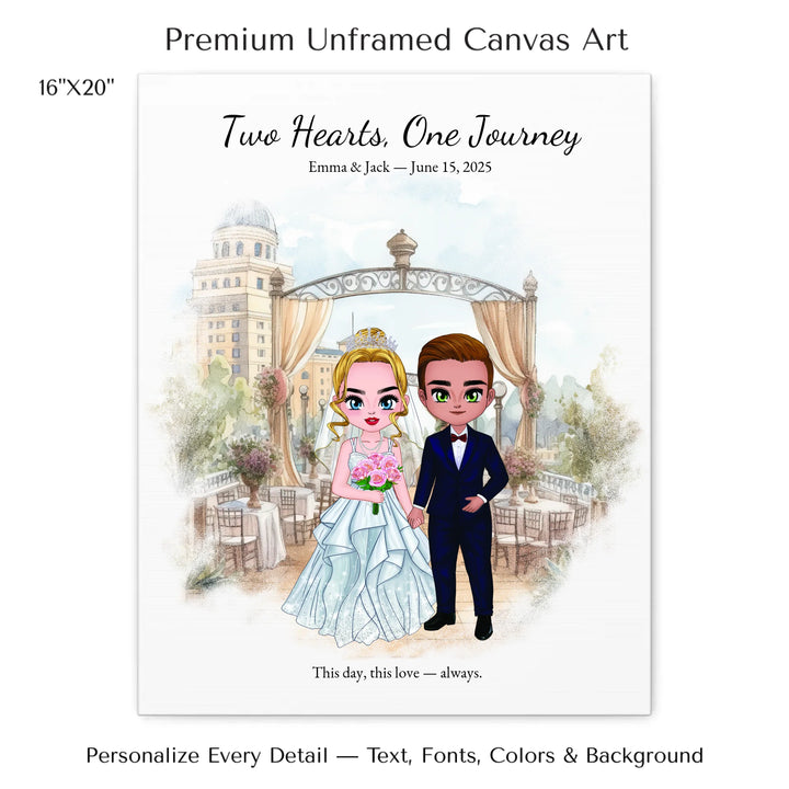 Illustrated custom wedding portrait featuring a bride and groom with personalized outfits, skin tone, and background. Custom names and wedding date - 16x20 stretched canvas-ARTFULANE