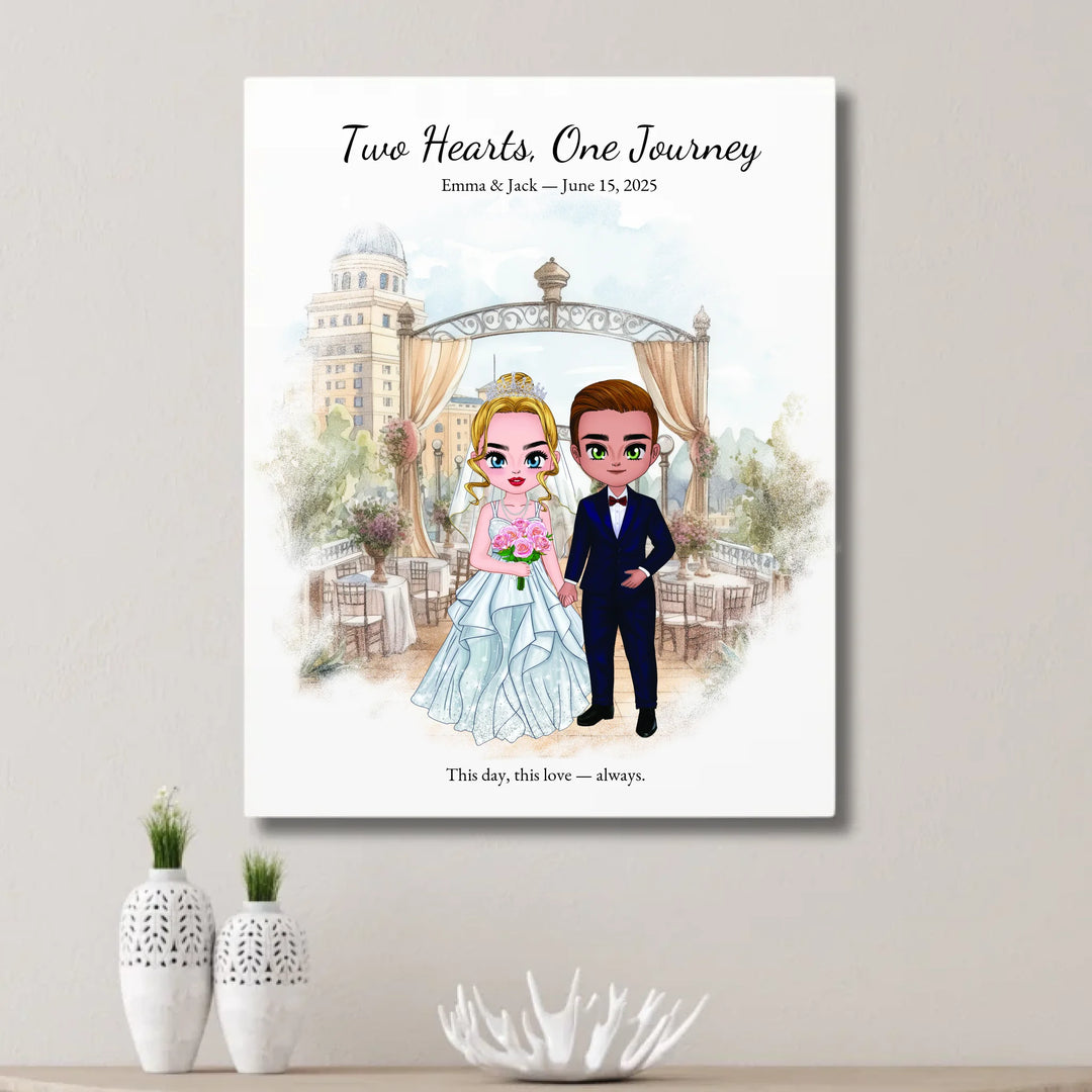 Illustrated custom wedding portrait featuring a bride and groom with personalized outfits, skin tone, and background. Custom names and wedding date - unframed canvas on wall-ARTFULANE