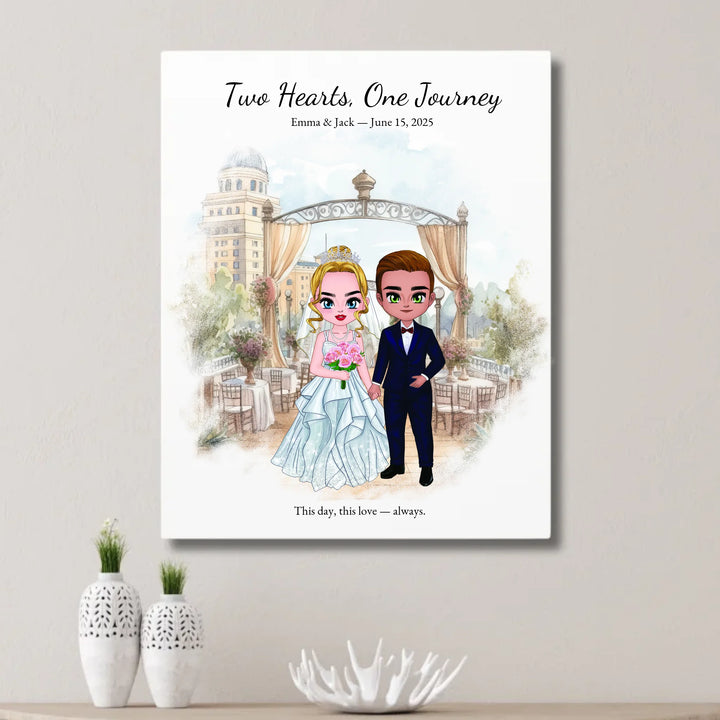 Illustrated custom wedding portrait featuring a bride and groom with personalized outfits, skin tone, and background. Custom names and wedding date - unframed canvas on wall-ARTFULANE