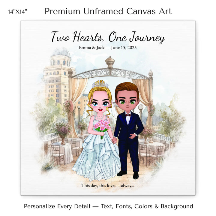 Illustrated custom wedding portrait featuring a bride and groom with personalized outfits, skin tone, and background. Custom names and wedding date - 14x14 stretched canvas-ARTFULANE