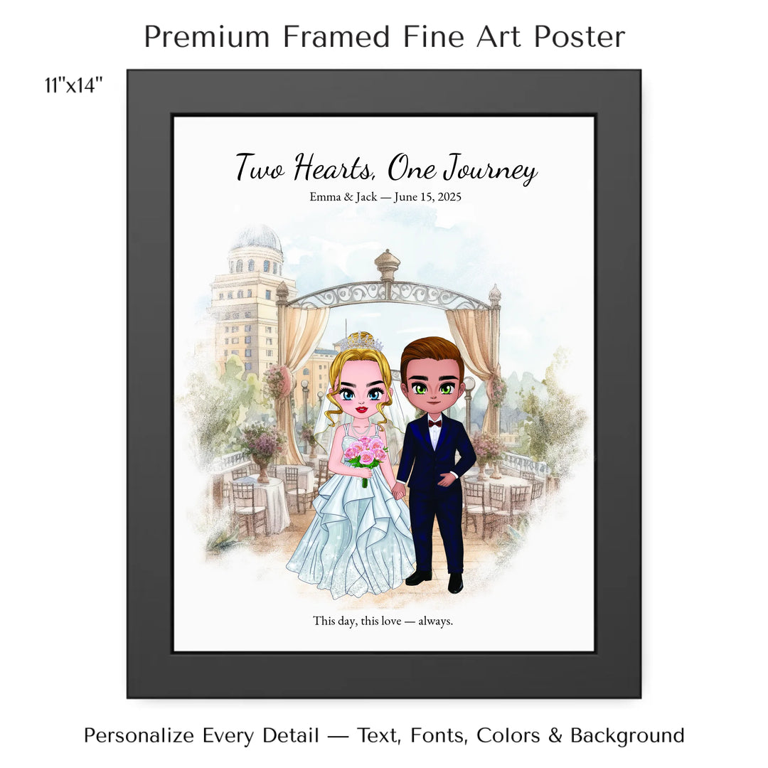 Illustrated custom wedding portrait featuring a bride and groom with personalized outfits, skin tone, and background. Custom names and wedding date - 11x14 framed poster-ARTFULANE
