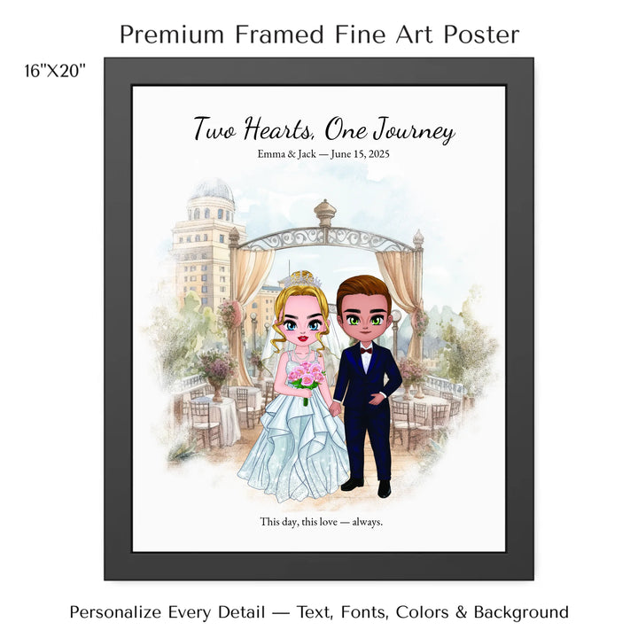 Illustrated custom wedding portrait featuring a bride and groom with personalized outfits, skin tone, and background. Custom names and wedding date - 16x20 framed poster-ARTFULANE