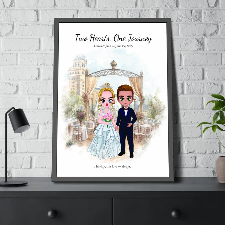Illustrated custom wedding portrait featuring a bride and groom with personalized outfits, skin tone, and background. Custom names and wedding date - 28x40 framed poster on table-ARTFULANE
