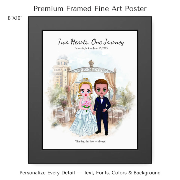 Illustrated custom wedding portrait featuring a bride and groom with personalized outfits, skin tone, and background. Custom names and wedding date - 8x10 framed poster-ARTFULANE