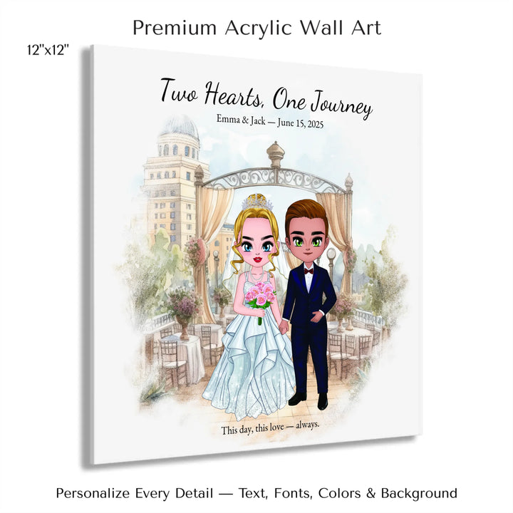 Illustrated custom wedding portrait featuring a bride and groom with personalized outfits, skin tone, and background. Custom names and wedding date - 12x12 acrylic print with french cleat-ARTFULANE
