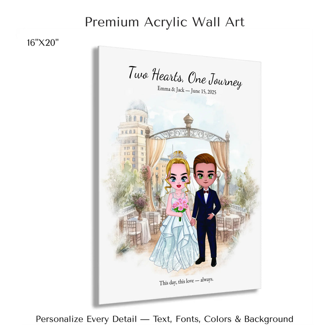 Illustrated custom wedding portrait featuring a bride and groom with personalized outfits, skin tone, and background. Custom names and wedding date - 16x20 acrylic print with french cleat-ARTFULANE