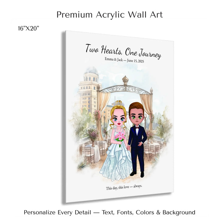 Illustrated custom wedding portrait featuring a bride and groom with personalized outfits, skin tone, and background. Custom names and wedding date - 16x20 acrylic print with french cleat-ARTFULANE