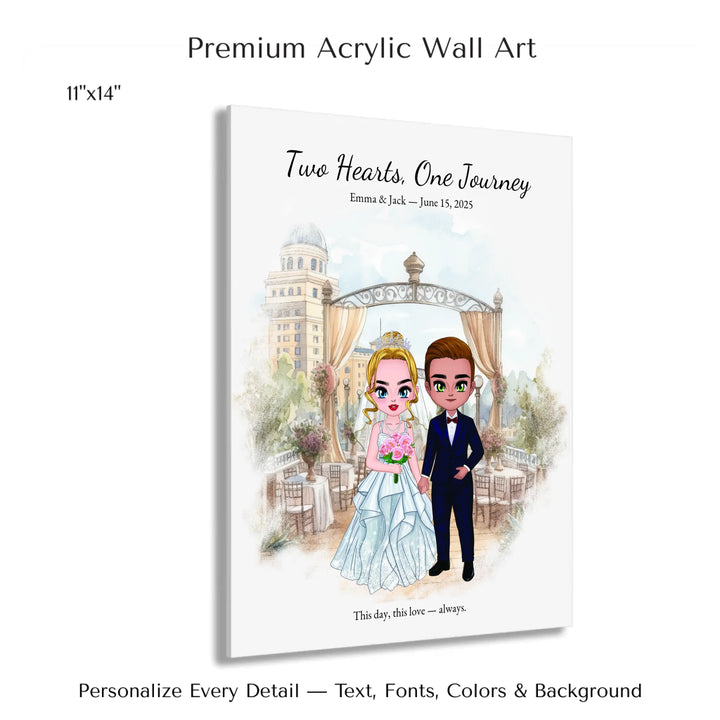 Illustrated custom wedding portrait featuring a bride and groom with personalized outfits, skin tone, and background. Custom names and wedding date - 11x14 acrylic print with french cleat-ARTFULANE