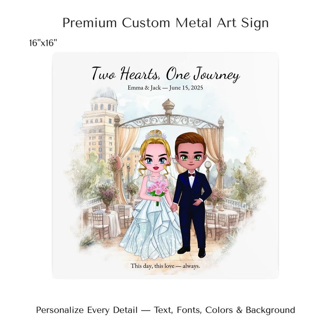 Illustrated custom wedding portrait featuring a bride and groom with personalized outfits, skin tone, and background. Custom names and wedding date - 16x16 metal art sign-ARTFULANE