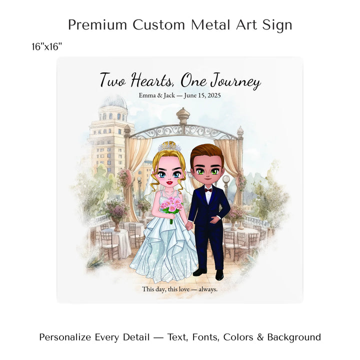 Illustrated custom wedding portrait featuring a bride and groom with personalized outfits, skin tone, and background. Custom names and wedding date - 16x16 metal art sign-ARTFULANE