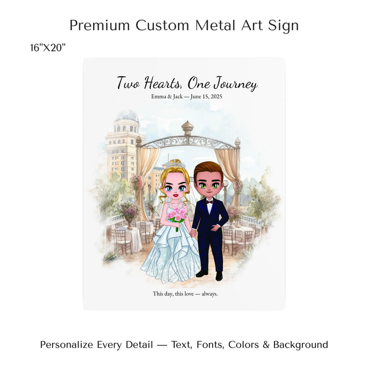 Illustrated custom wedding portrait featuring a bride and groom with personalized outfits, skin tone, and background. Custom names and wedding date - 16x20 metal art sign-ARTFULANE