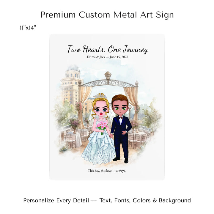 Illustrated custom wedding portrait featuring a bride and groom with personalized outfits, skin tone, and background. Custom names and wedding date - 11x14 metal art sign-ARTFULANE