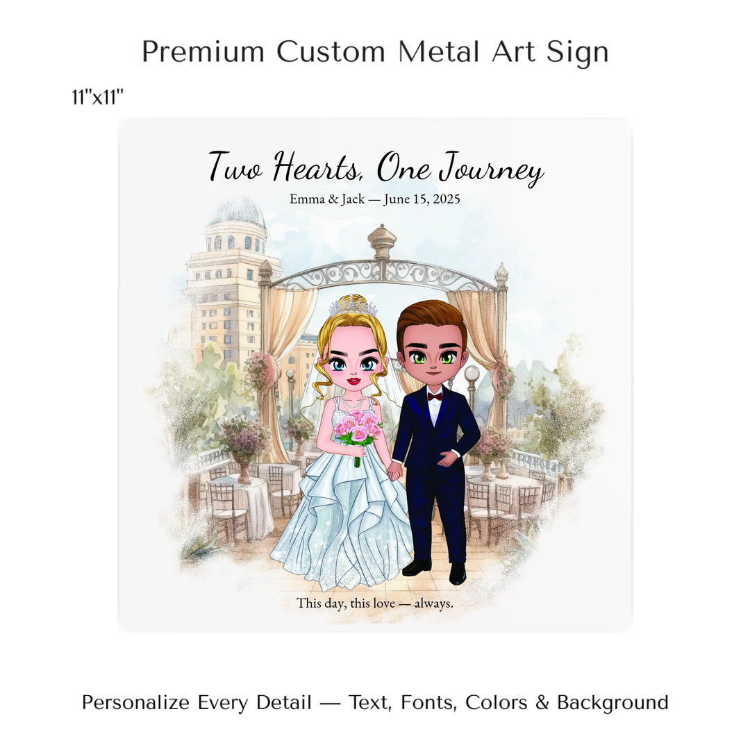 Illustrated custom wedding portrait featuring a bride and groom with personalized outfits, skin tone, and background. Custom names and wedding date - 11x11 metal art sign-ARTFULANE