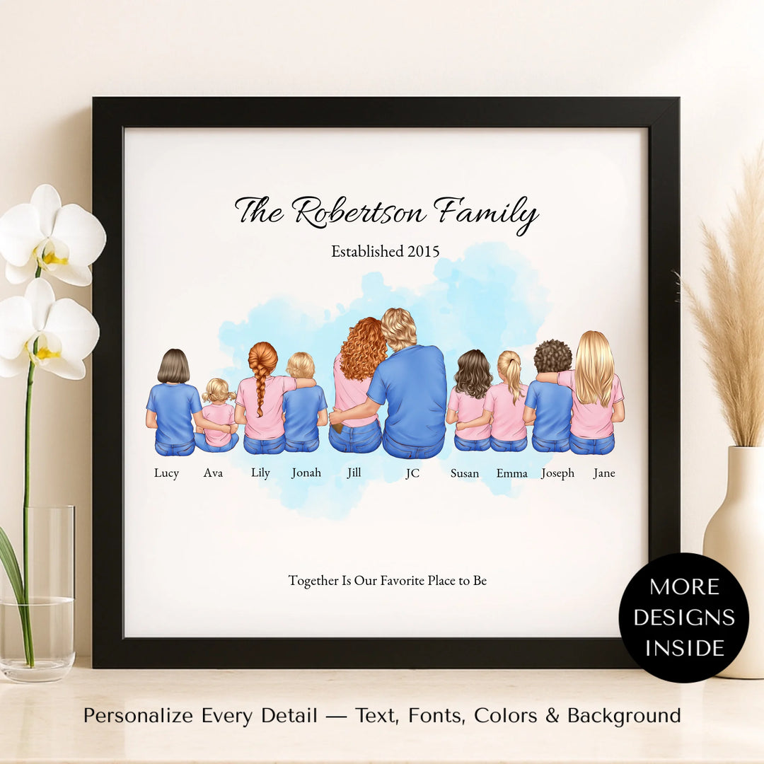 Illustrated custom sitting family portrait wall art with up to 10 personalized family members, custom names, outfits, and sentimental text - framed canvas on shelf-ARTFULANE
