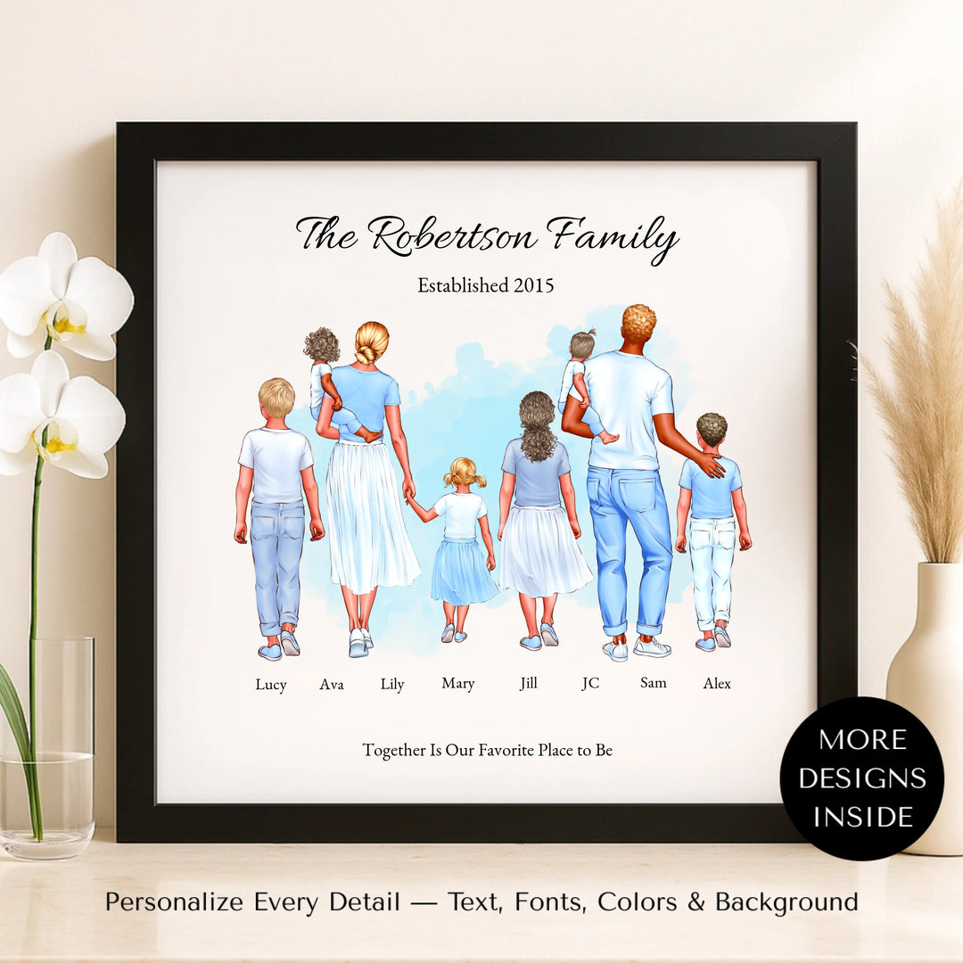 Illustrated custom standing family portrait wall art with up to 8 personalized family members, custom names, outfits, and sentimental text - framed canvas on shelf-ARTFULANE