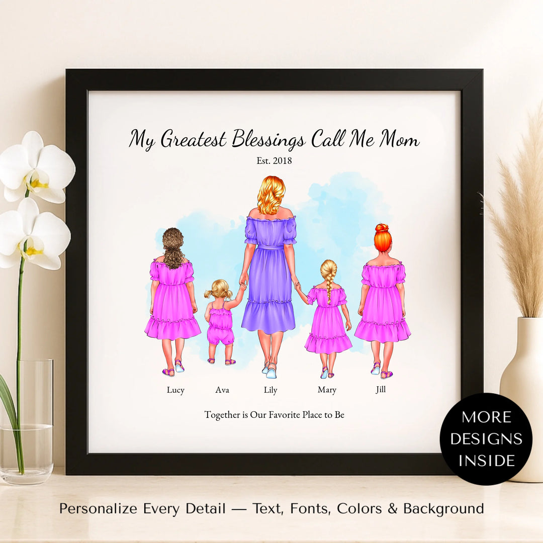 Illustrated custom portrait of mom with 1 to 4 daughters, personalized skin tones and outfits, watercolor background - framed canvas on shelf-ARTFULANE