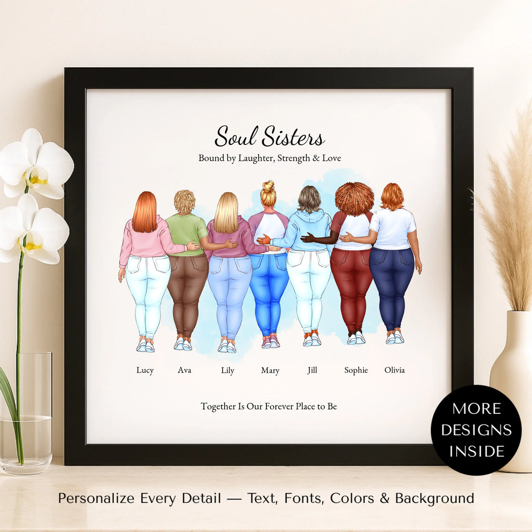 Illustrated custom portrait of friends with 2 to 7 women, personalized skin tones, hairstyles, outfits, watercolor background – framed canvas on shelf-ARTFULANE