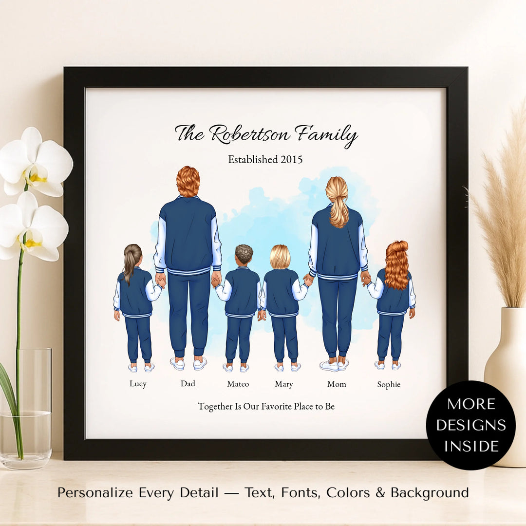 Illustrated custom standing family portrait featuring mom, dad, and 1 to 4 children with personalized outfits, names, and watercolor background -framed canvas on shelf-ARTFULANE