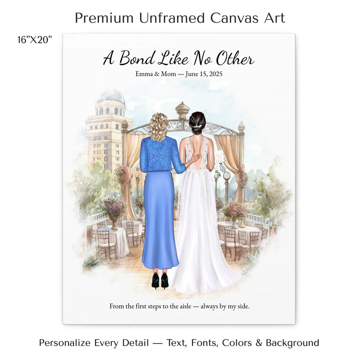 Custom wedding portrait of a bride and her mother standing together, with personalized outfits, hairstyles, and watercolor background - 16x20 stretched canvas-ARTFULANE