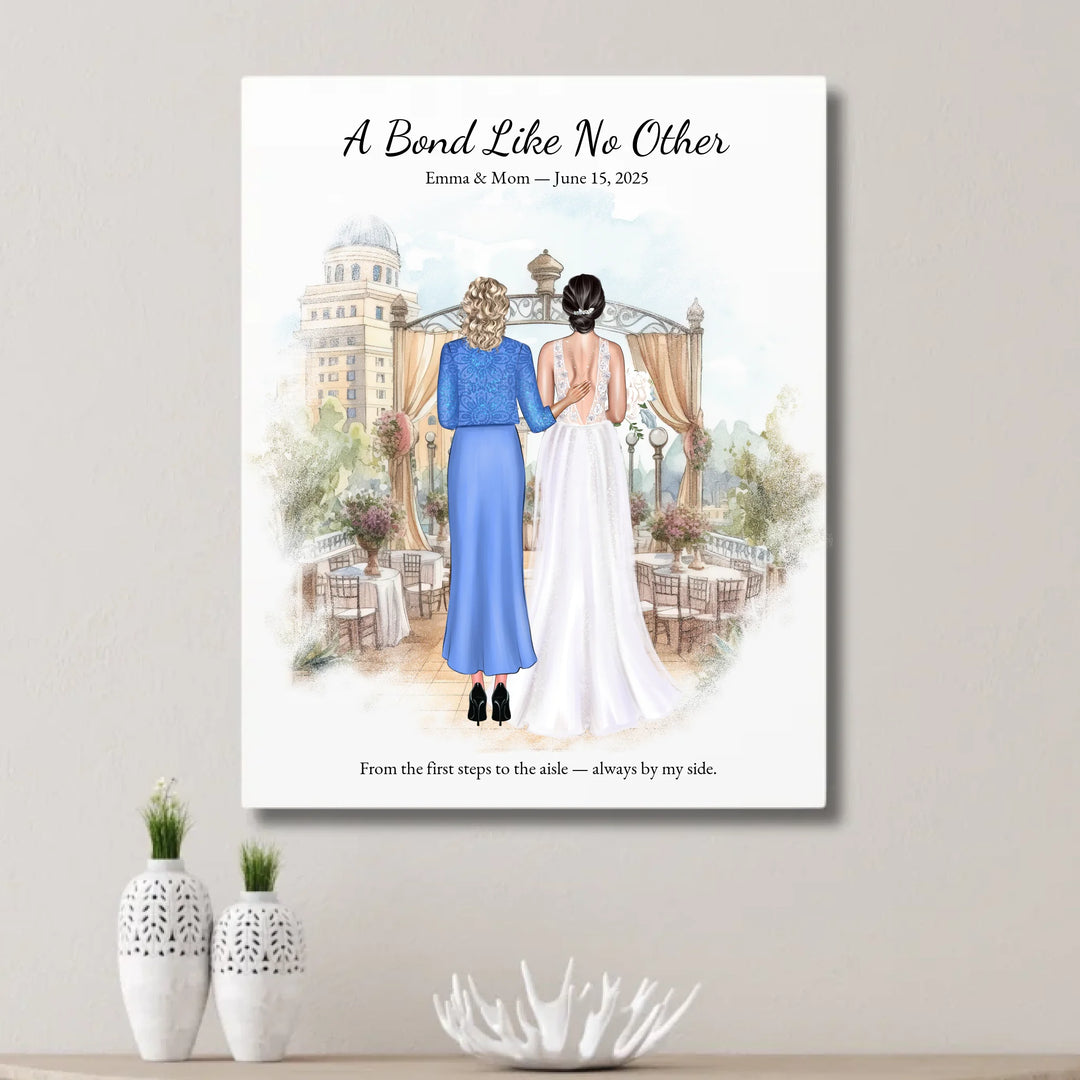 Custom wedding portrait of a bride and her mother standing together, with personalized outfits, hairstyles, and watercolor background - unframed canvas on wall-ARTFULANE
