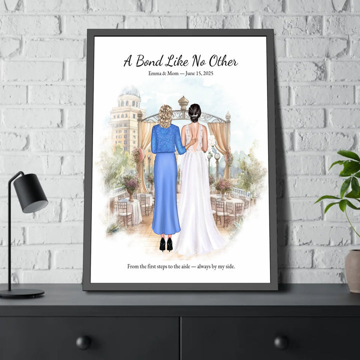 Custom wedding portrait of a bride and her mother standing together, with personalized outfits, hairstyles, and watercolor background - 8x40 framed poster on table-ARTFULANE