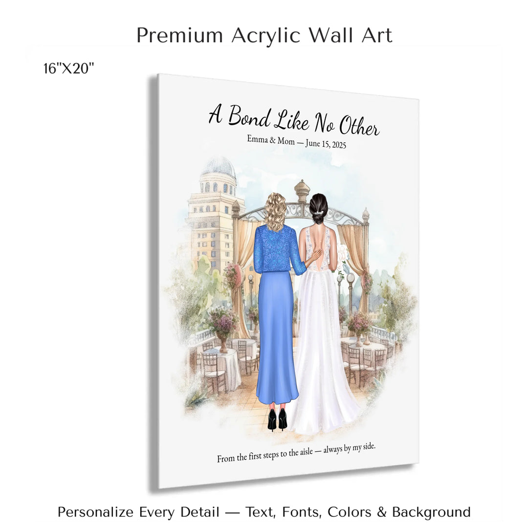Custom wedding portrait of a bride and her mother standing together, with personalized outfits, hairstyles, and watercolor background - 16x20 acrylic print with french cleat-ARTFULANE