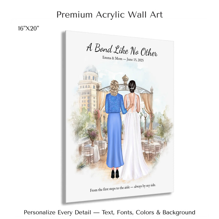 Custom wedding portrait of a bride and her mother standing together, with personalized outfits, hairstyles, and watercolor background - 16x20 acrylic print with french cleat-ARTFULANE