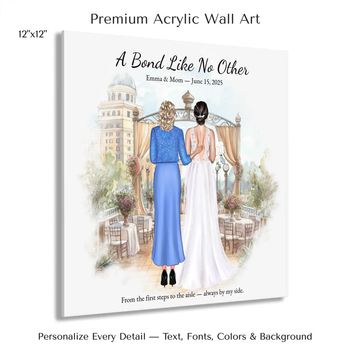 Custom wedding portrait of a bride and her mother standing together, with personalized outfits, hairstyles, and watercolor background - 12x12 acrylic print with french cleat-ARTFULANE