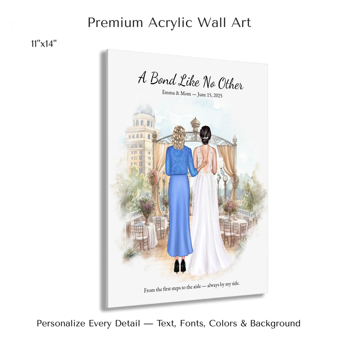 Custom wedding portrait of a bride and her mother standing together, with personalized outfits, hairstyles, and watercolor background - 11x14 acrylic print with french cleat-ARTFULANE