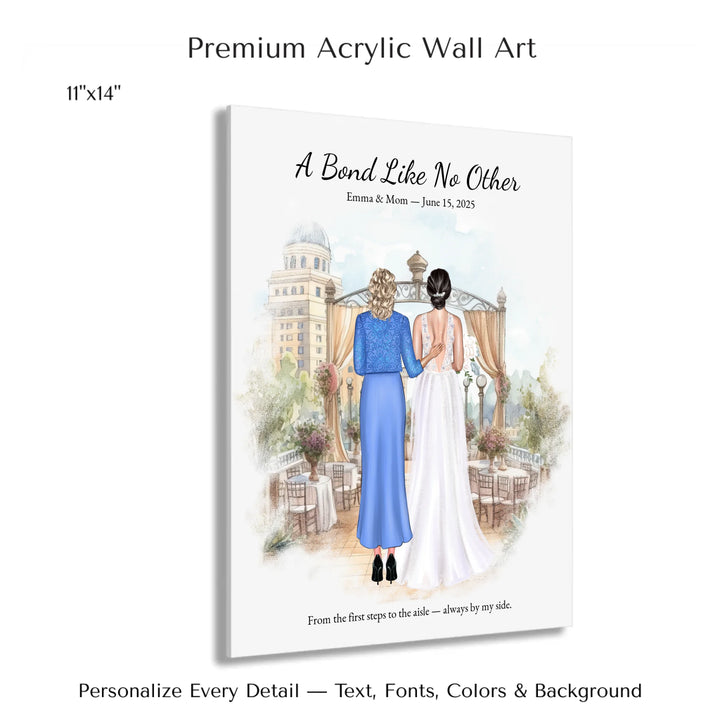 Custom wedding portrait of a bride and her mother standing together, with personalized outfits, hairstyles, and watercolor background - 11x14 acrylic print with french cleat-ARTFULANE